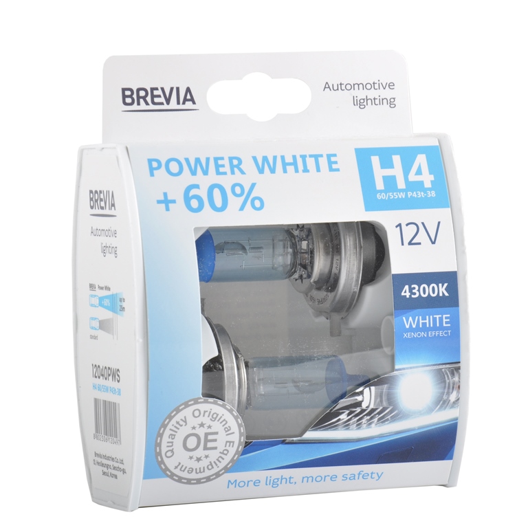 Галогенна автолампа Brevia H4 12В 60/55W P43t Power White +60% 4300K S2