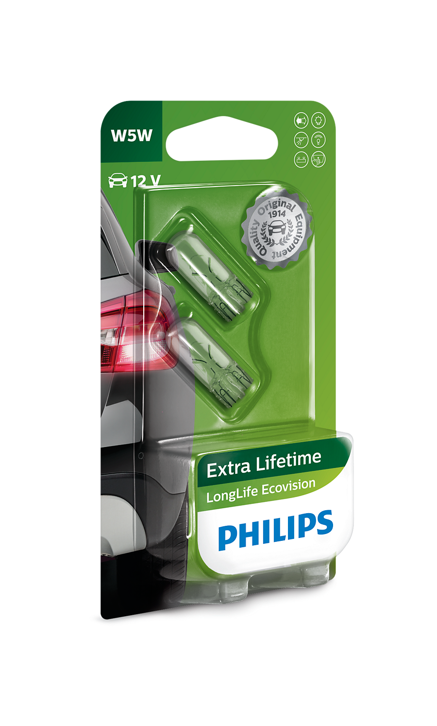 Лампа розжарювання Philips LongerLife EcoVision W5W 12В 12961LLECOB2 2шт