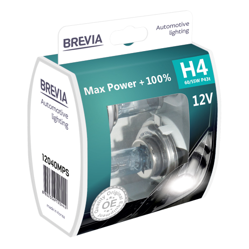 Галогенна автолампа Brevia H4 12В 60/55W P43t Max Power +100% S2