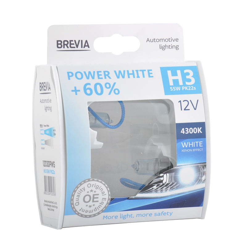 Галогенна автолампа Brevia H3 12В 55W PK22s Power White +60% 4300K S2
