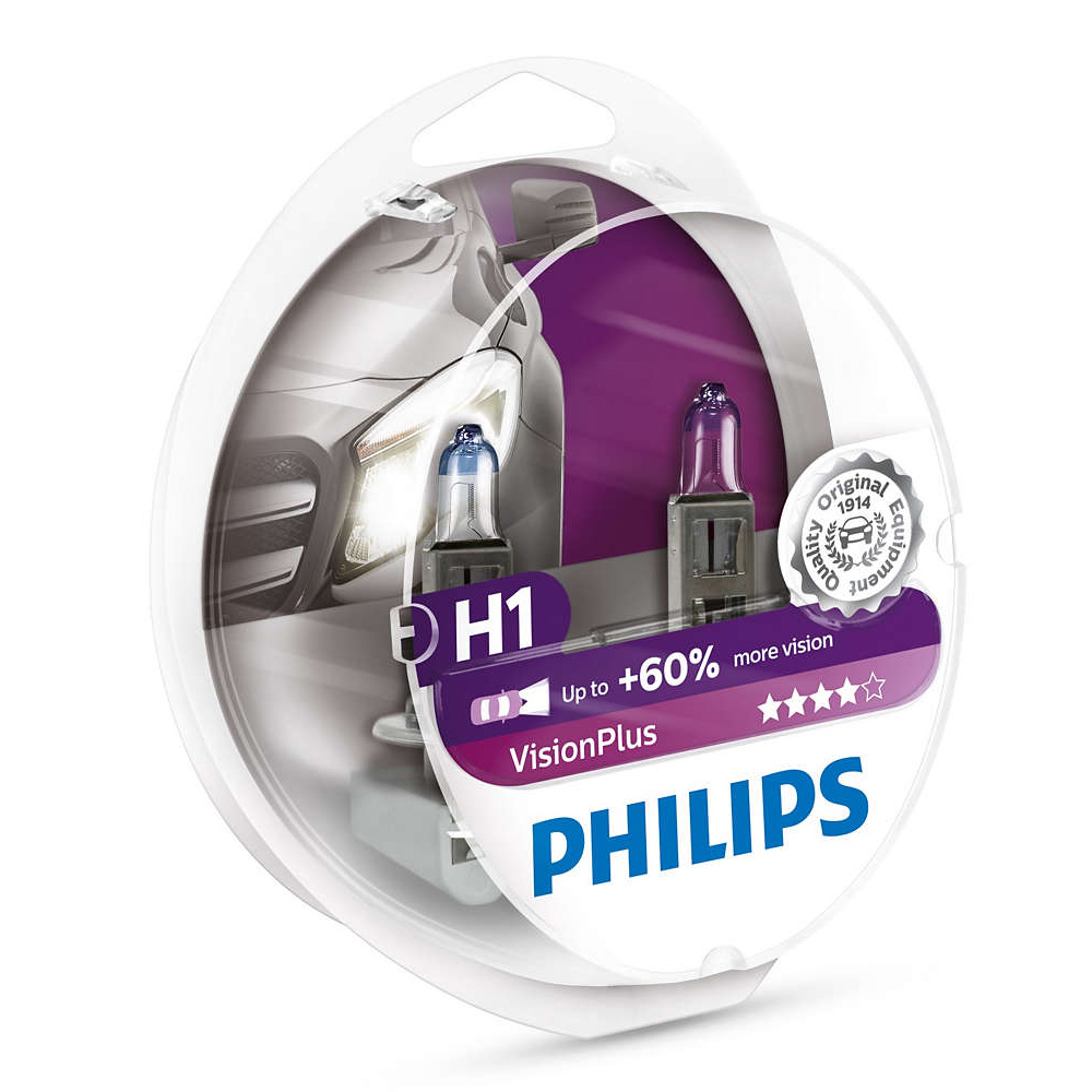 Галогенна автолампа Philips H1 55W 12В P14.5s VisionPlus (60% more light) 12258VPS2