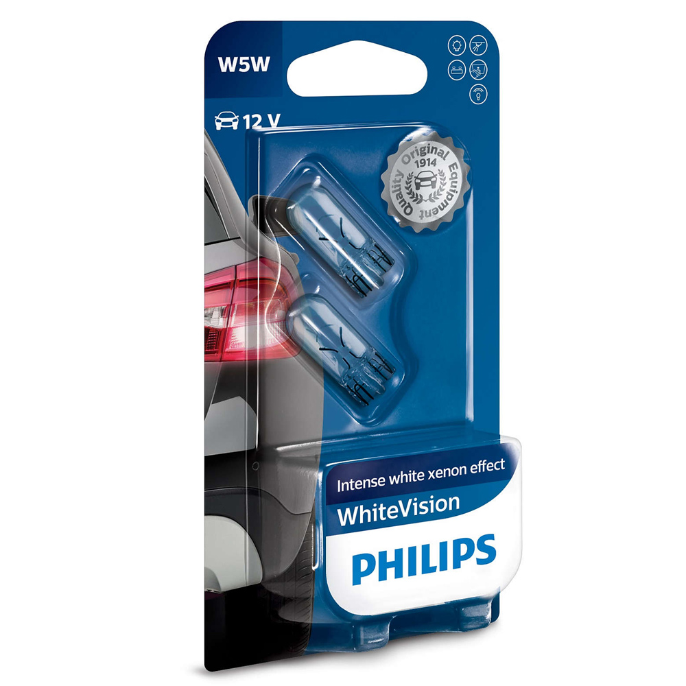 Лампа розжарювання Philips W5W WhiteVision Ultra 3300К 5W 12В 12961WVUB2 2шт.