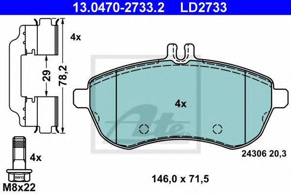 Комплект тормозных колодок, дисковый тормоз ATE 13.0470-2733.2